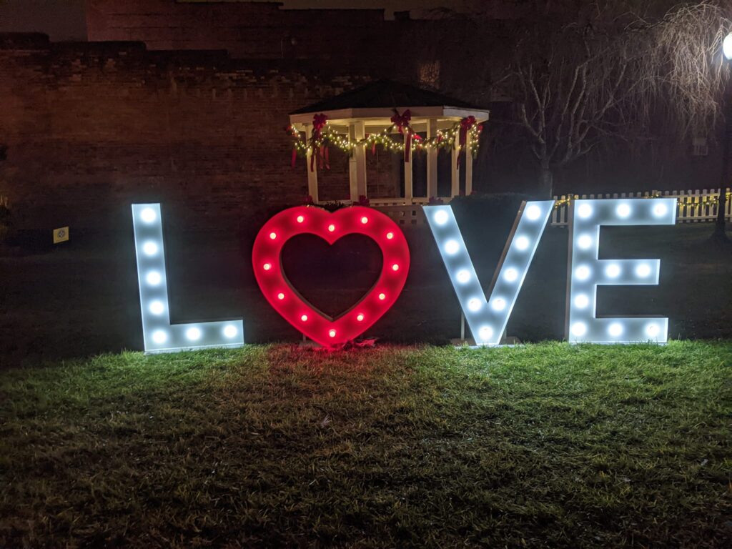 LOVE sign and gazebo lit for the 2024 Old Time Appalachian Christmas Festival in Galax.