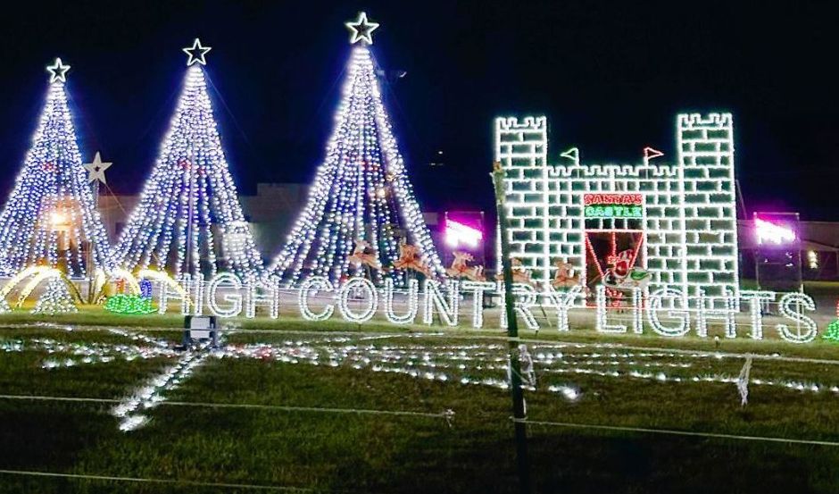 High Country Lights holiday display at Felts Park in Galax, Virginia at night.