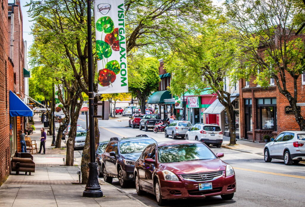 Basecamp Galax downtown street scene with storefronts and walkable sidewalks