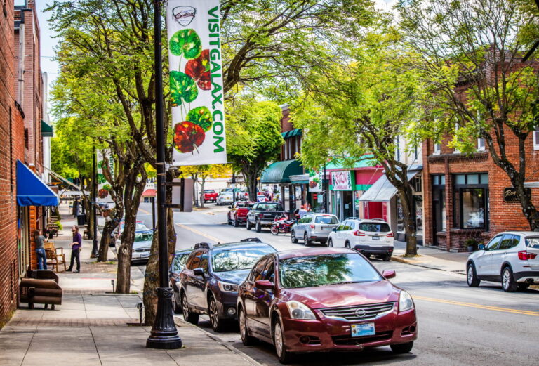 Basecamp Galax downtown street scene with storefronts and walkable sidewalks