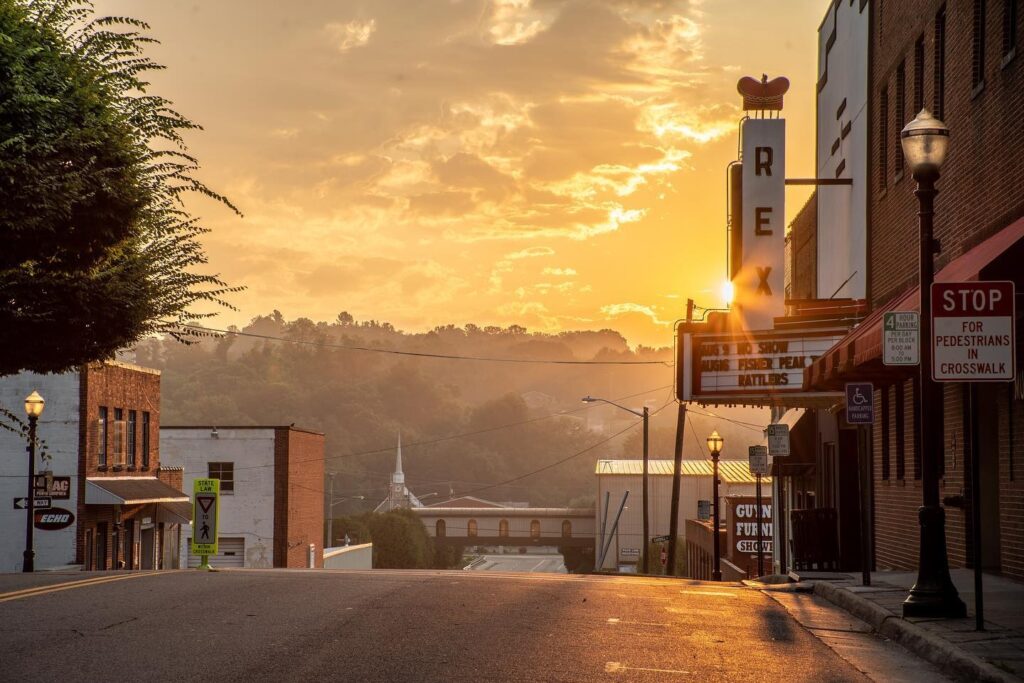 Basecamp Galax sunset over Rex Theater and downtown streets