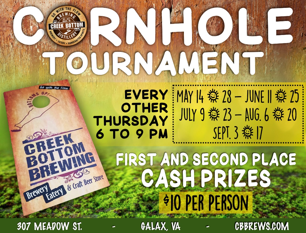 Cornhole & Cold Brews at Creek Bottom Every Other Thursday!