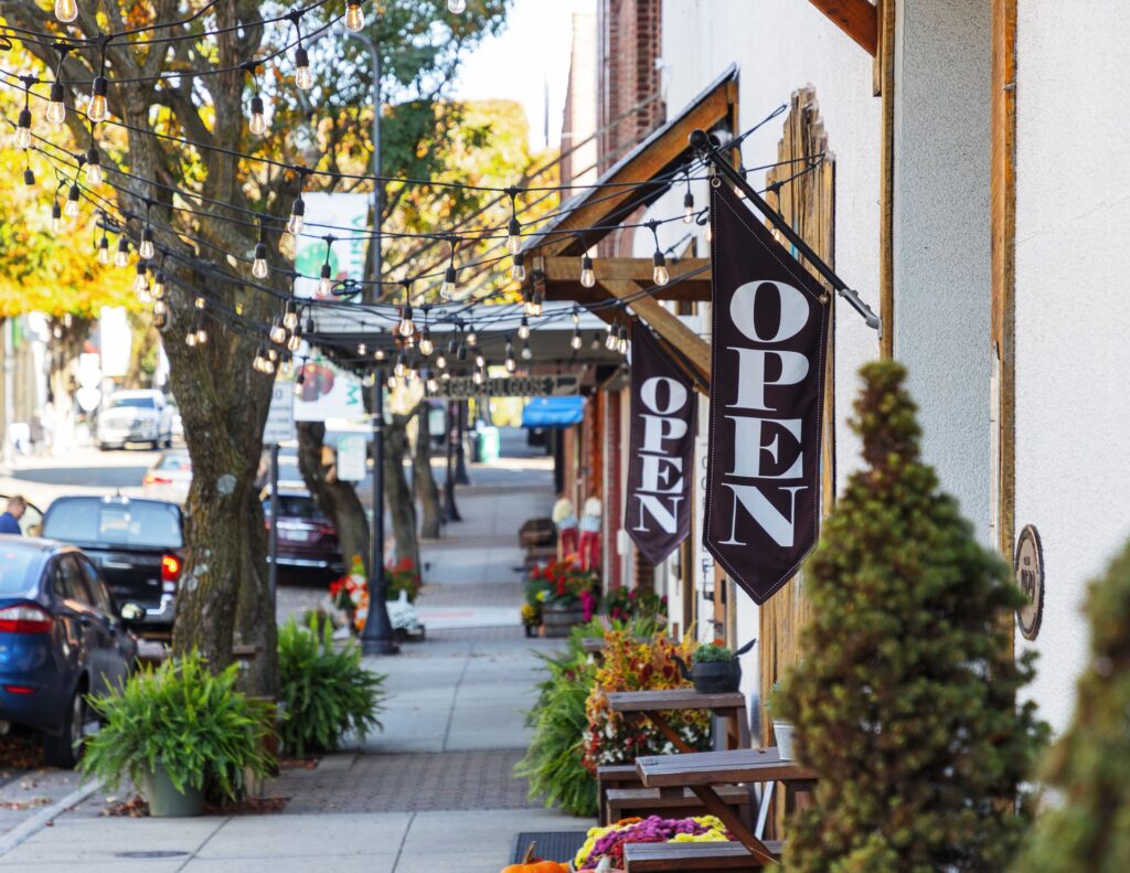 Sidewalk scene along Main Street in downtown Galax, Virginia